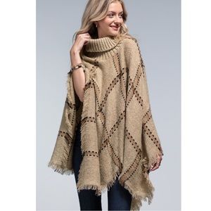Turtleneck Poncho Sweater Beige Windowpane Plaid One Size NEW